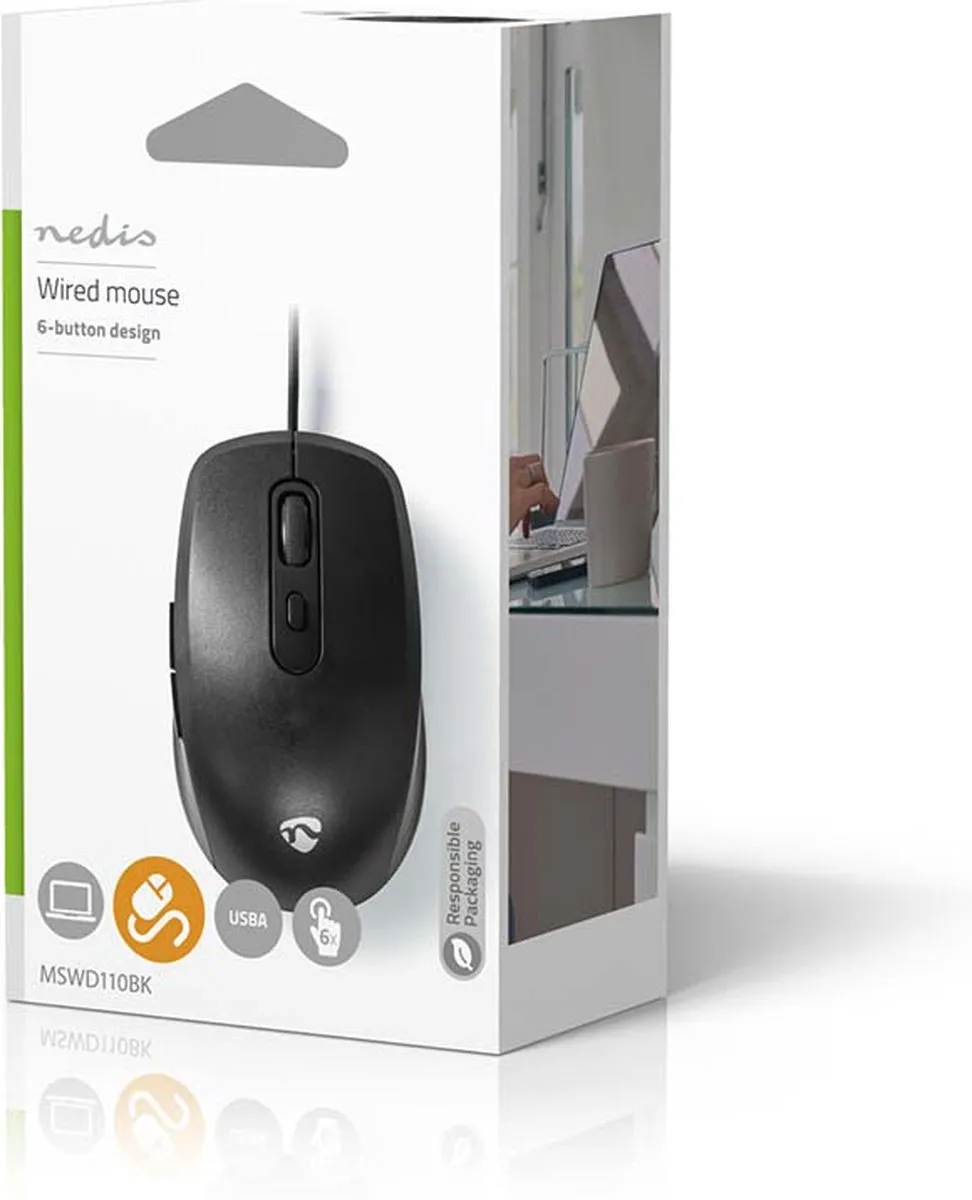 Nedis MSWD110BK Muis - Bedraad - 3600 DPI - 6 Knoppen - Zwart - afbeelding 6 van 6