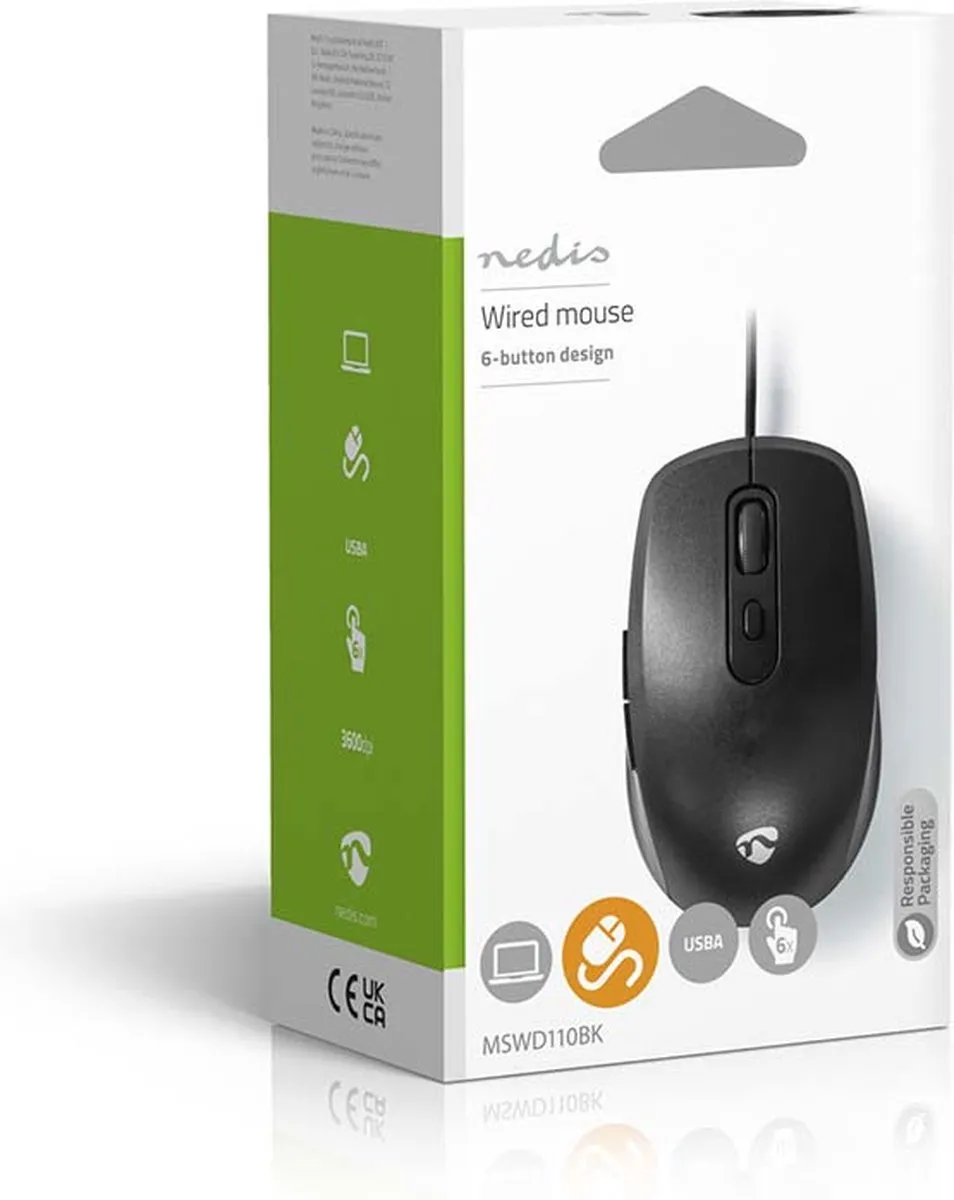 Nedis MSWD110BK Muis - Bedraad - 3600 DPI - 6 Knoppen - Zwart