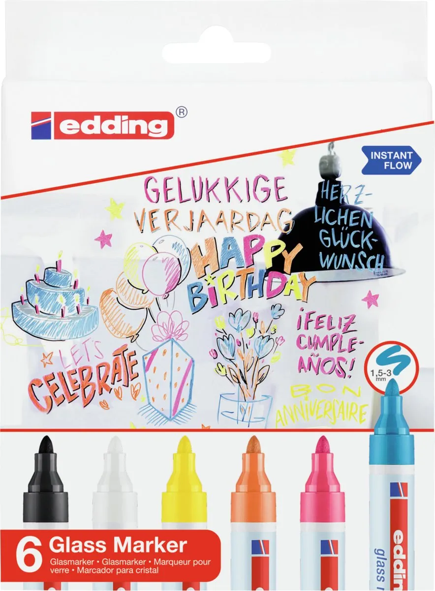 edding 95/6 Glasmarker Set - 6 Stuks - Assorti Kleuren