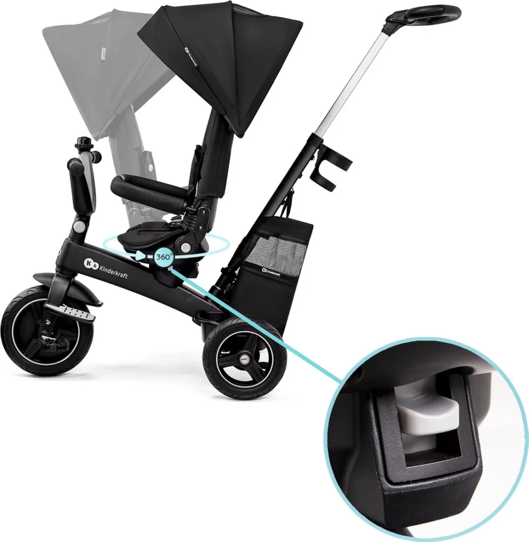 Kinderkraft EASYTWIST Driewieler - Voor Kinderen vanaf 9 Maanden - 360° Draaibare Zit, Verstelbaar en Opvouwbaar, Met Zonnescherm en Opbergruimte - Zwart