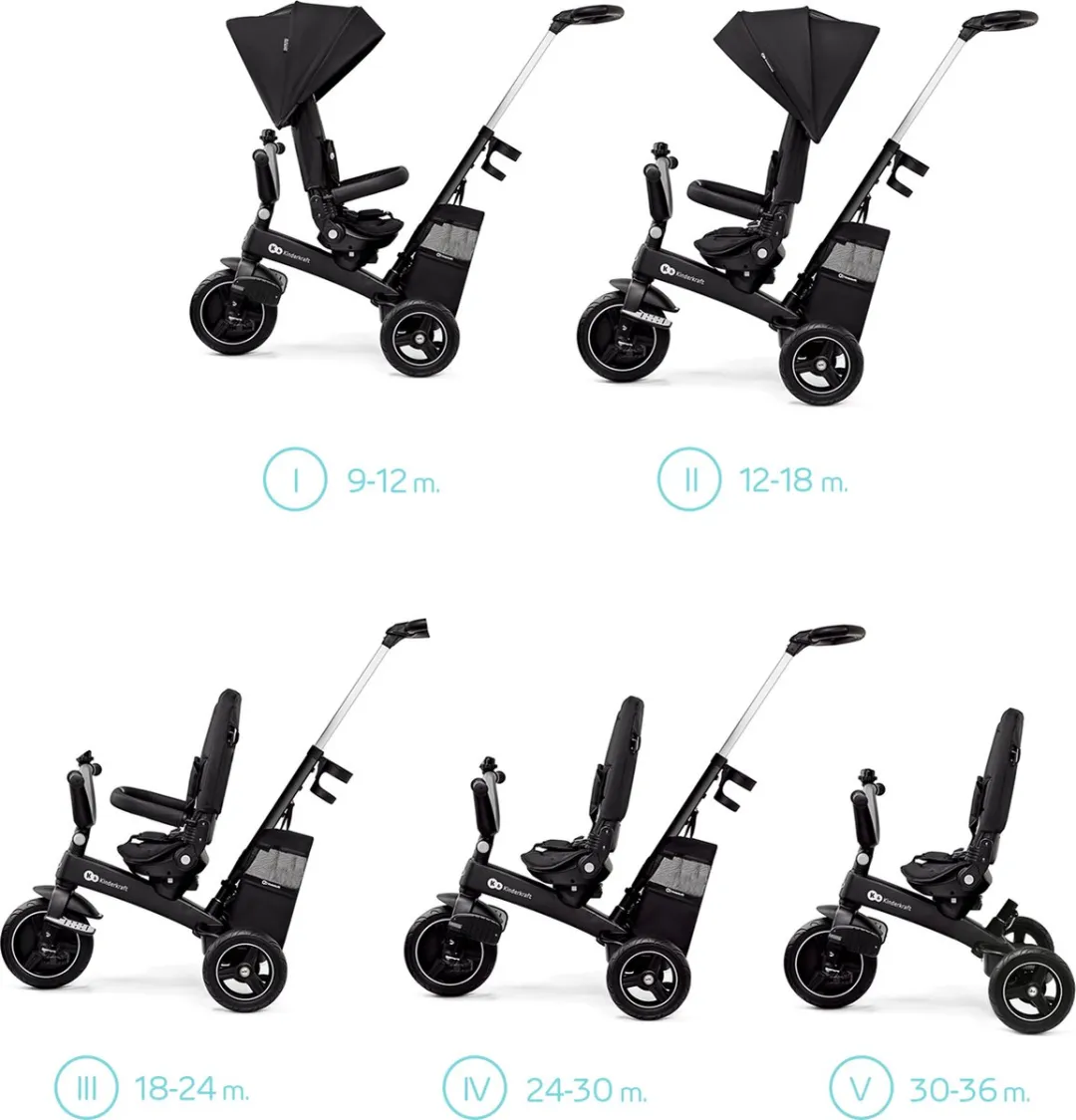 Kinderkraft EASYTWIST Driewieler - Voor Kinderen vanaf 9 Maanden - 360° Draaibare Zit, Verstelbaar en Opvouwbaar, Met Zonnescherm en Opbergruimte - Zwart