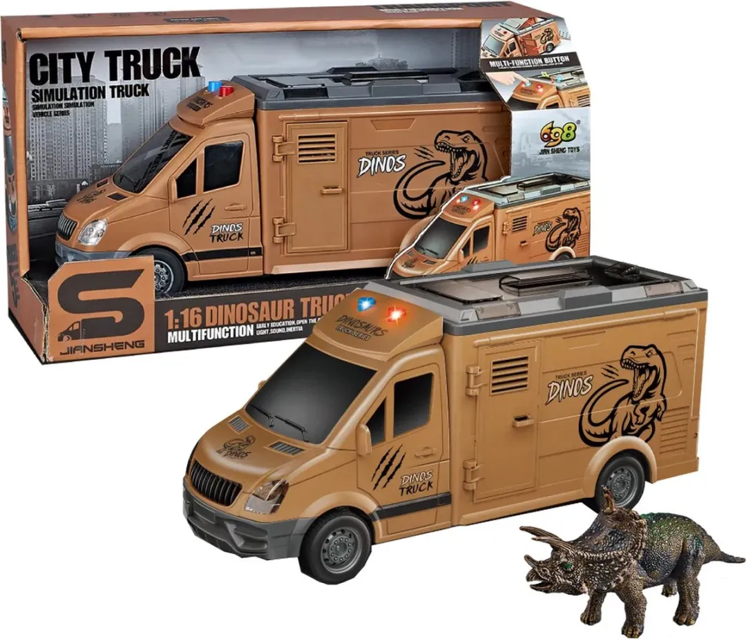 Dinosaur Transport vrachtwagen - 26CM - Dinosaurus figuren in speelgoed Truck - frictie motor -Licht en geluid