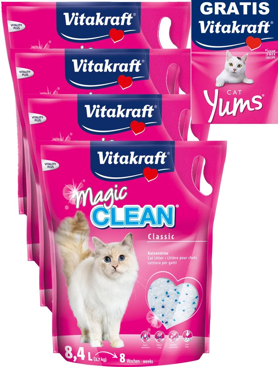 Vitakraft Magic Clean Kattenbakvulling - 4 x 8,4 l met GRATIS delickcious dessert