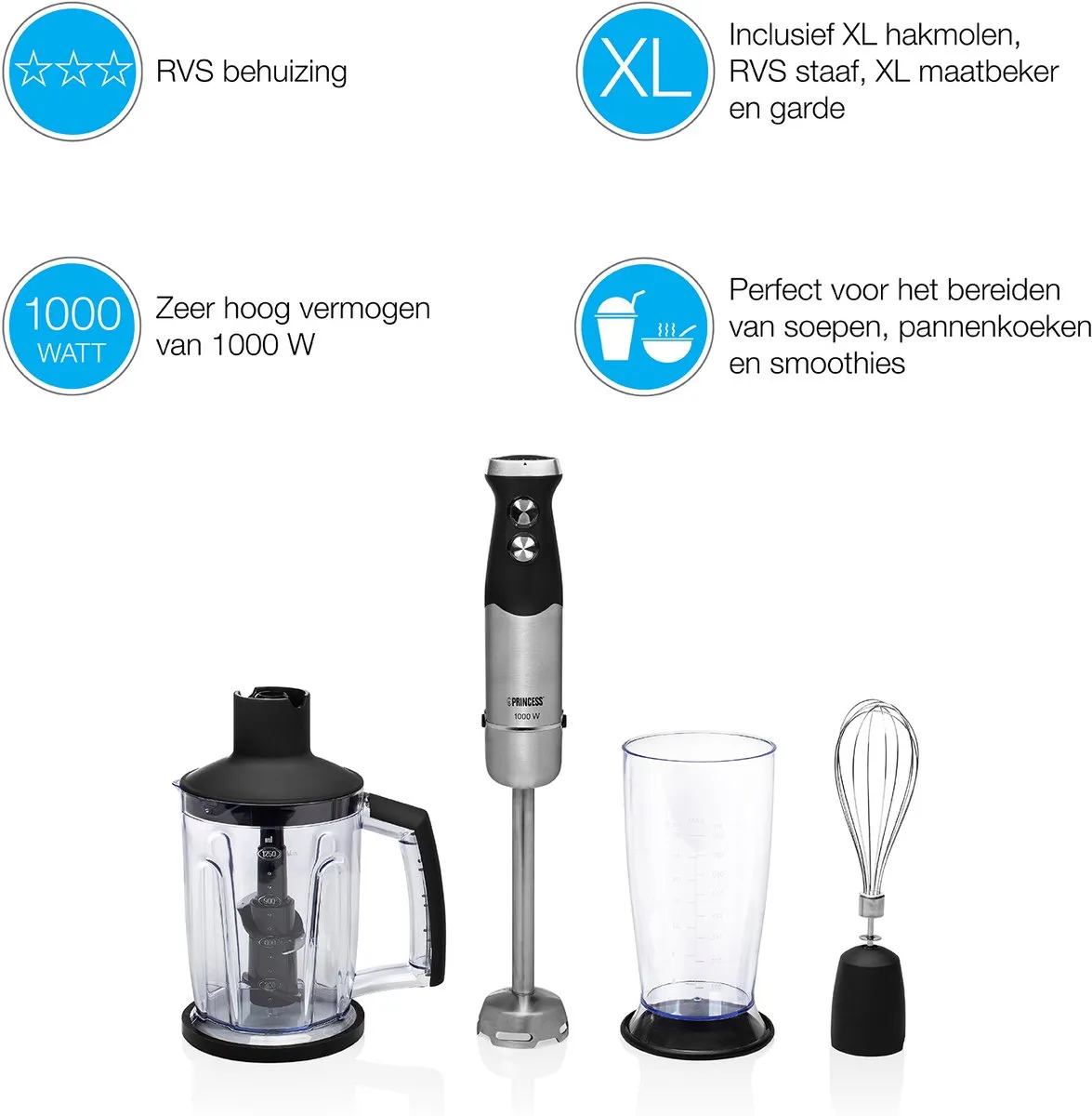 Princess 221221 Staafmixer 1000W - 4-in-1 Set - Zwart