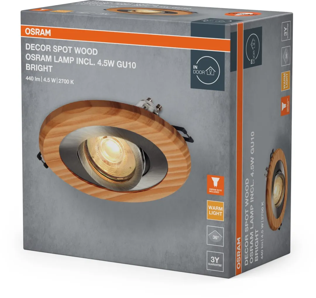 Osram Wood LED Spot GU10 Bright 4.5W - Set van 3 - Satijn nikkel
