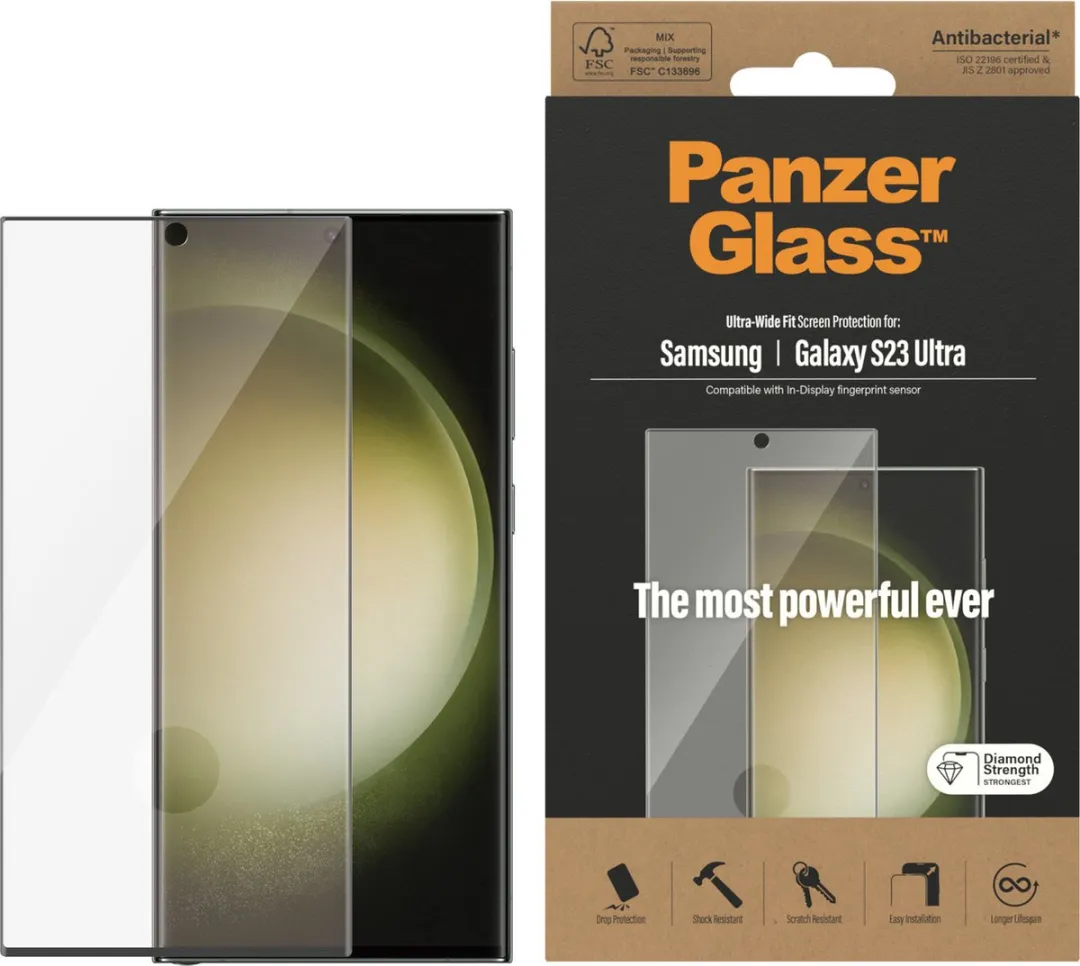 PanzerGlass Ultra-Wide Screen Protector Geschikt voor Samsung Galaxy S23 Ultra - Case Friendly Tempered Glass Antibacterieel