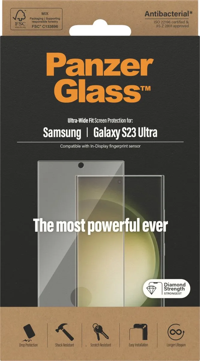 PanzerGlass Ultra-Wide Screen Protector Geschikt voor Samsung Galaxy S23 Ultra - Case Friendly Tempered Glass Antibacterieel