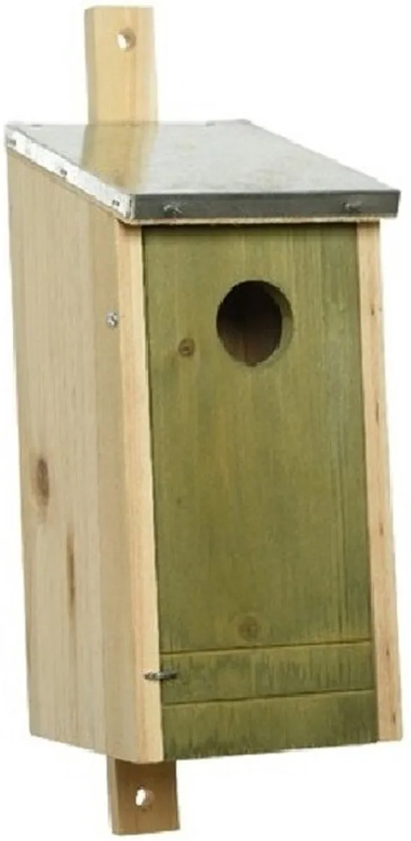 Houten vogelhuisje/nestkastje met lichtgroene voorzijde en metalen dakje 26 cm - Vogelhuisjes tuindecoraties