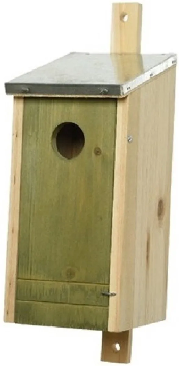 Houten vogelhuisje/nestkastje met lichtgroene voorzijde en metalen dakje 26 cm - Vogelhuisjes tuindecoraties