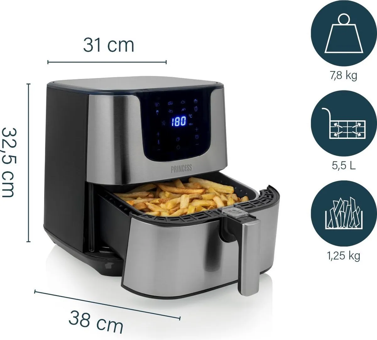 Princess Digital Airfryer Deluxe XXL 182060 - 5.5L - 1700W - Zwart/RVS - afbeelding 6 van 6