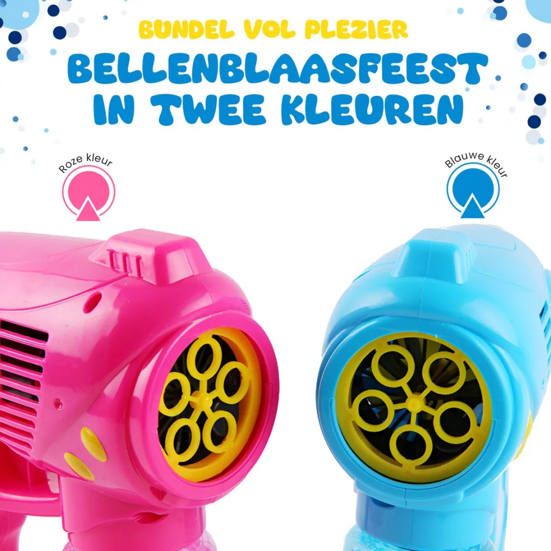 CosmoToys Bellenblaas Pistool – 2 STUKS – Bellenblaasmachines – Speelgoed voor Onderweg - Navulling – Uitdeelcadeaus – met Vloeistof – Blauw en Roze
