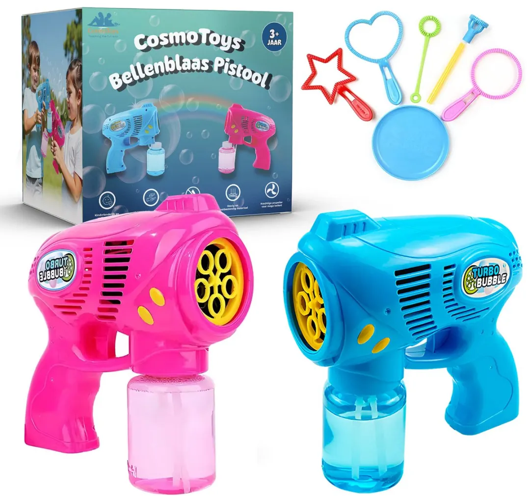 CosmoToys Bellenblaas Pistool – 2 STUKS – Bellenblaasmachines – Speelgoed voor Onderweg - Navulling – Uitdeelcadeaus – met Vloeistof – Blauw en Roze