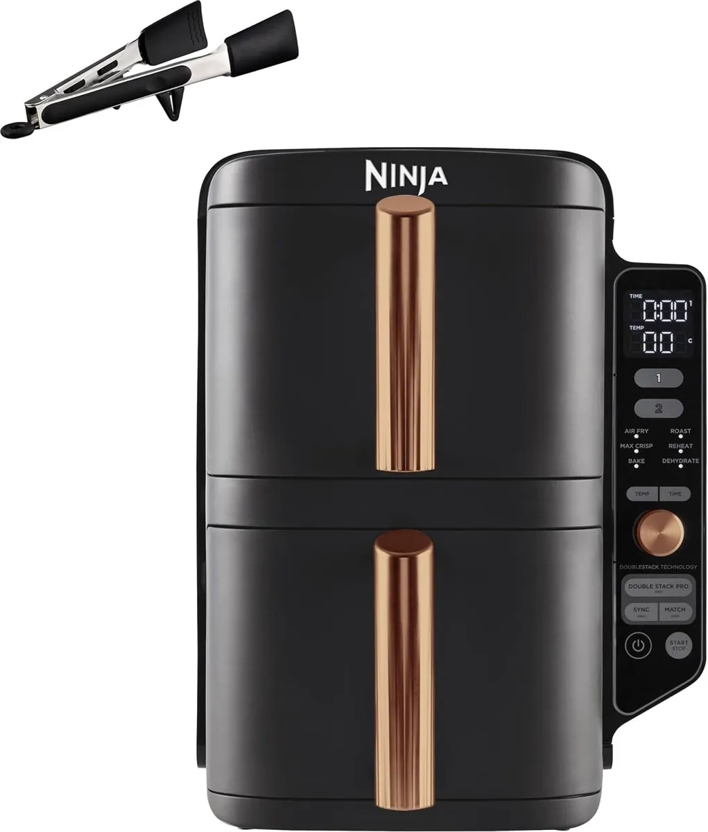 Ninja Double Stack XL Airfryer (SL400EUCP) – 9,5L – Verticale Airfryer met 2 Lades & 4 Bereidingsniveaus – Ruimtebesparend – 6 Functies – Incl. Tang – 8 Porties
