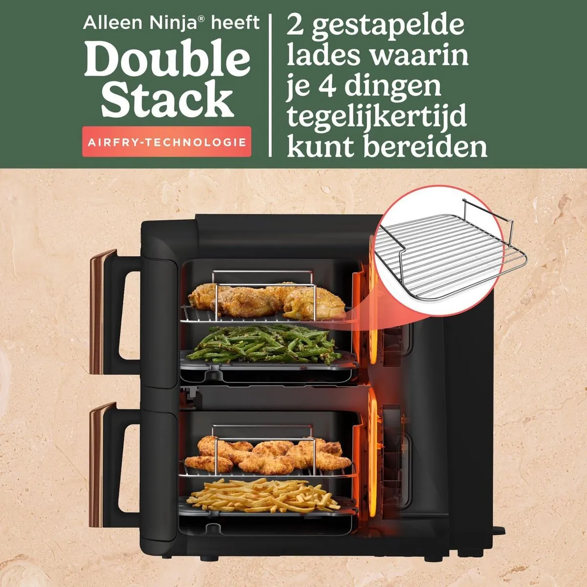 Ninja Double Stack XL Airfryer (SL400EUCP) – 9,5L – Verticale Airfryer met 2 Lades & 4 Bereidingsniveaus – Ruimtebesparend – 6 Functies – Incl. Tang – 8 Porties