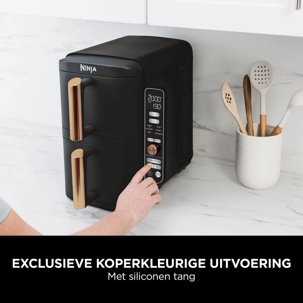 Ninja Double Stack XL Airfryer (SL400EUCP) – 9,5L – Verticale Airfryer met 2 Lades & 4 Bereidingsniveaus – Ruimtebesparend – 6 Functies – Incl. Tang – 8 Porties
