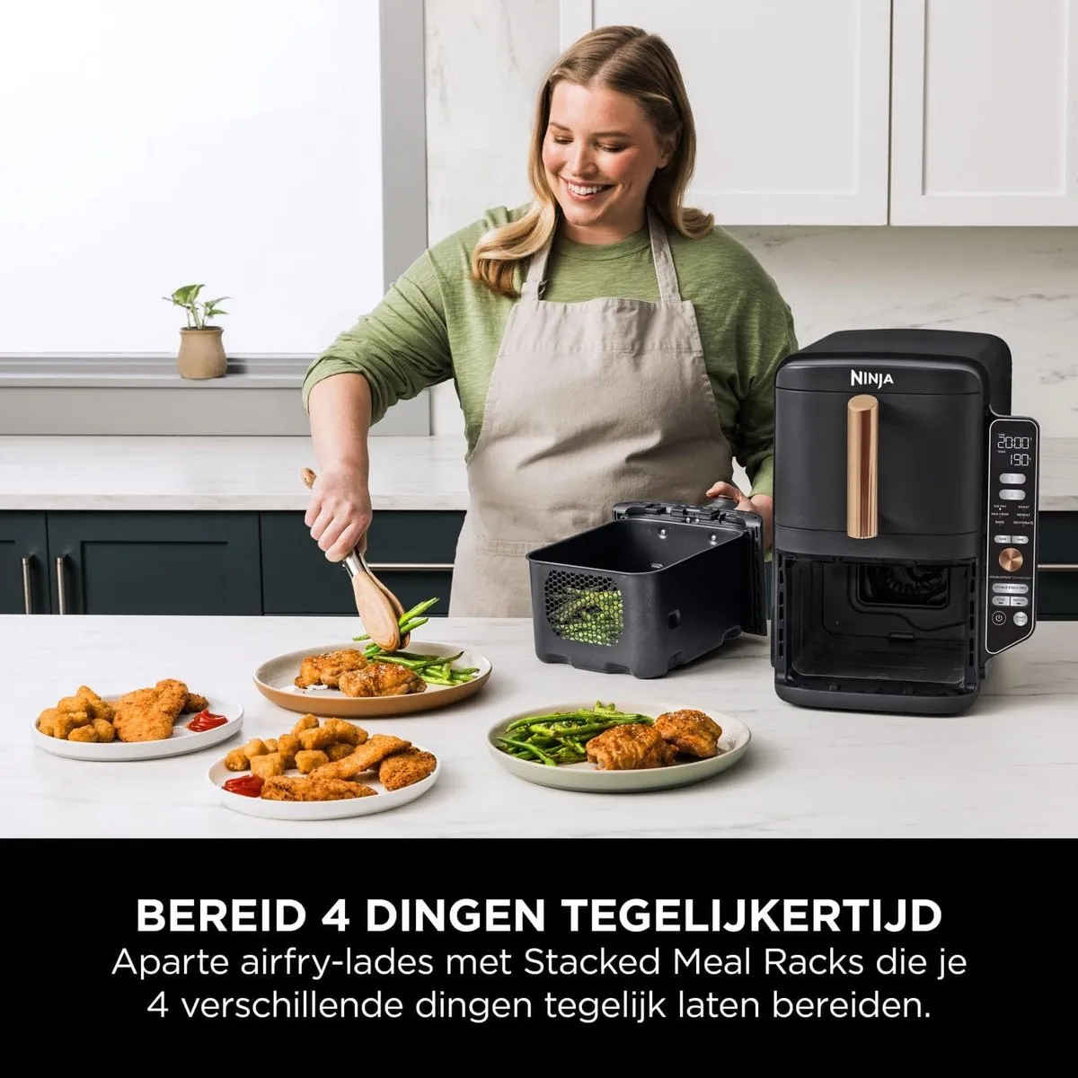 Ninja Double Stack XL Airfryer (SL400EUCP) – 9,5L – Verticale Airfryer met 2 Lades & 4 Bereidingsniveaus – Ruimtebesparend – 6 Functies – Incl. Tang – 8 Porties