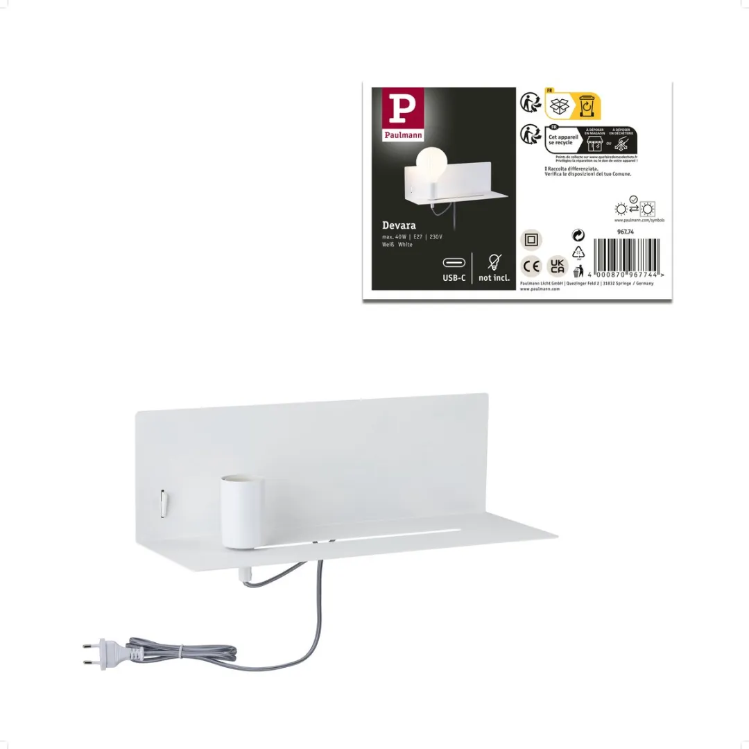 Paulmann Devara Wandlamp USB-C E27 400lm 3000K