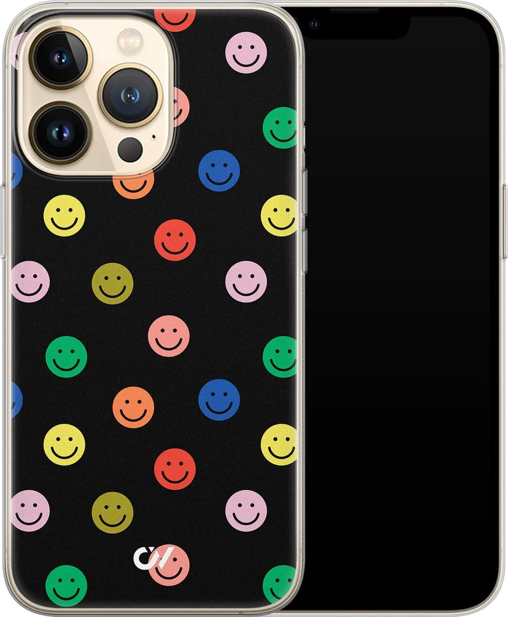 Casevibes iPhone 13 Pro Hoesje Retro Smileys - Zwart