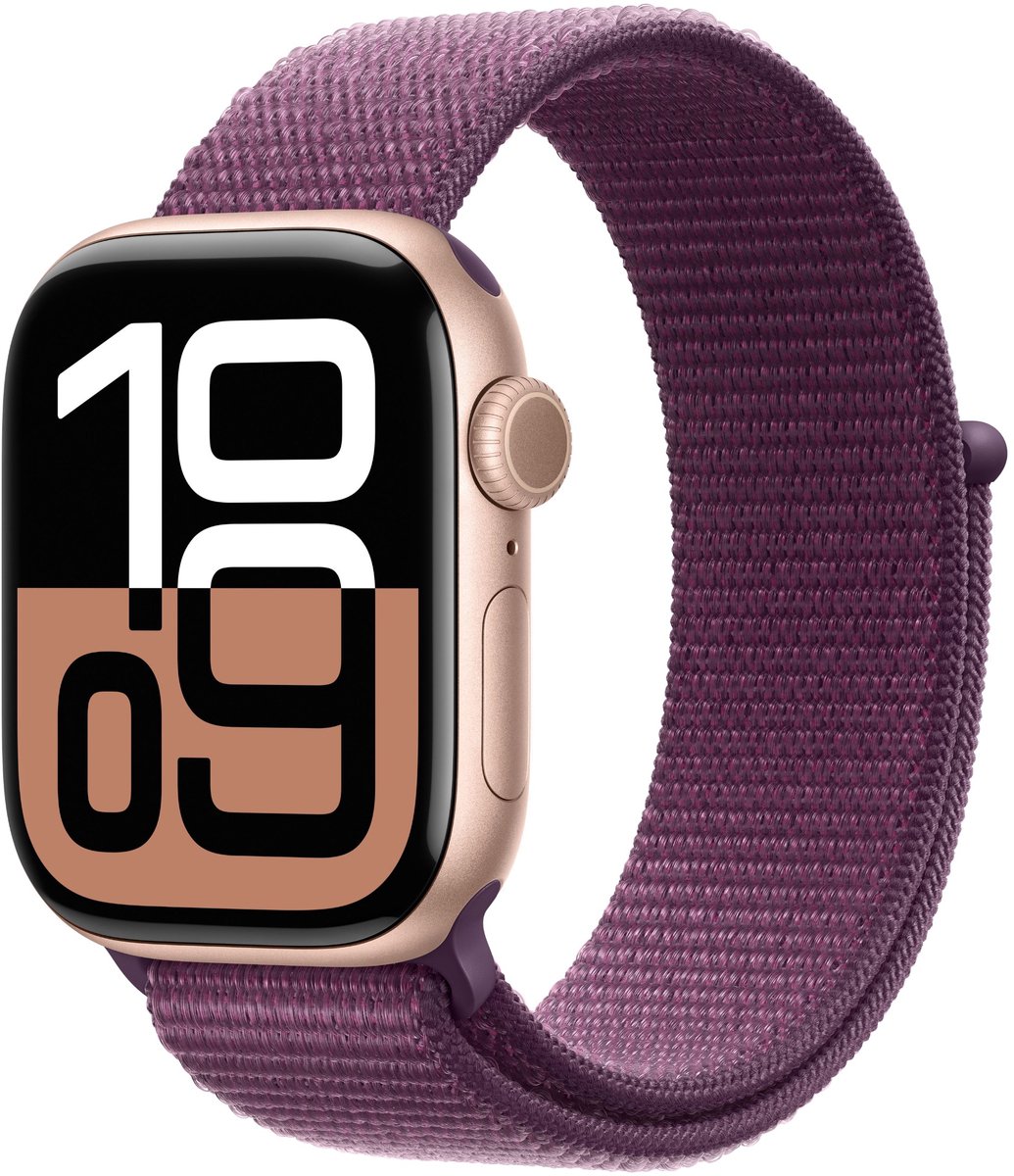 Apple Watch Series 10 - Wifi - 42mm - Rose Gouden Aluminium Case met Plum Geweven Sportbandje