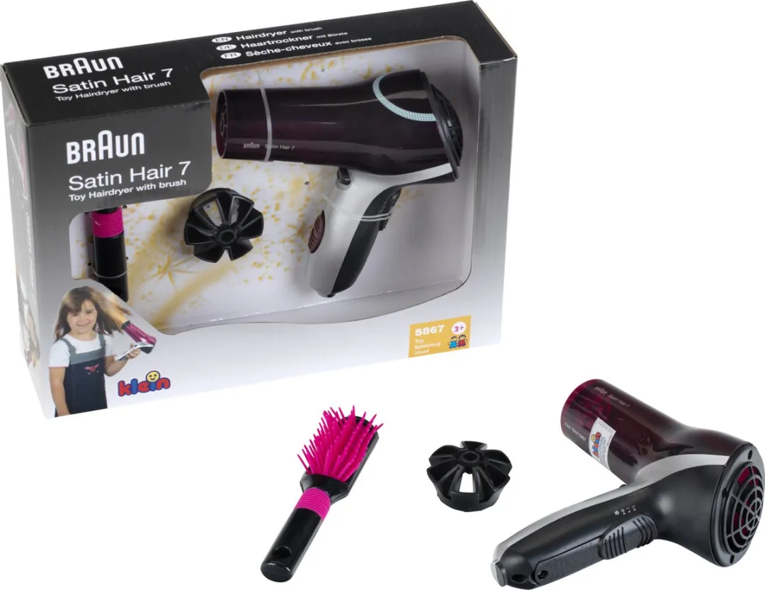 Klein Toys Braun Satin Hair 7 Haardroger met Borstel - Roze/Zwart