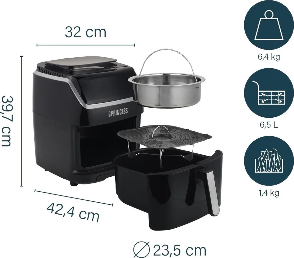 Princess 182080 Stoom Airfryer XXL - 1700W - 6.5L - Zwart