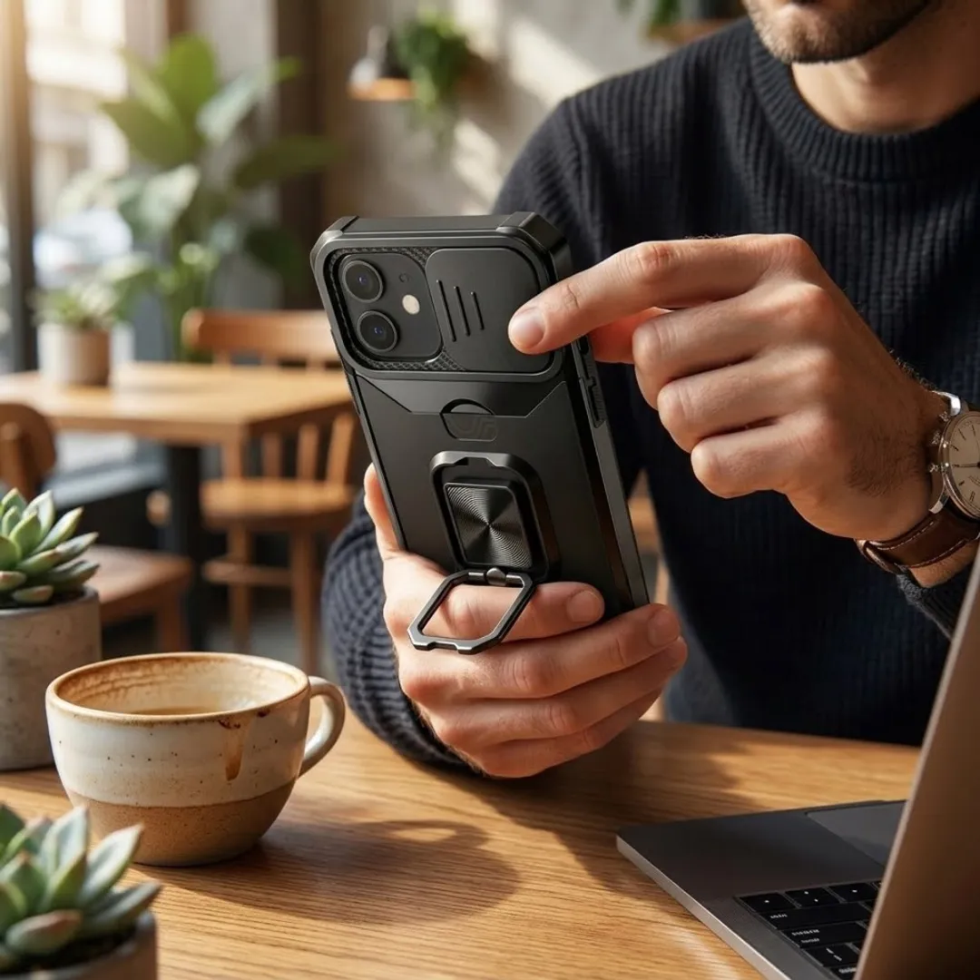 NUVEX iPhone 11 Hoesje - Zwart - Schokbestendig met metalen standaard