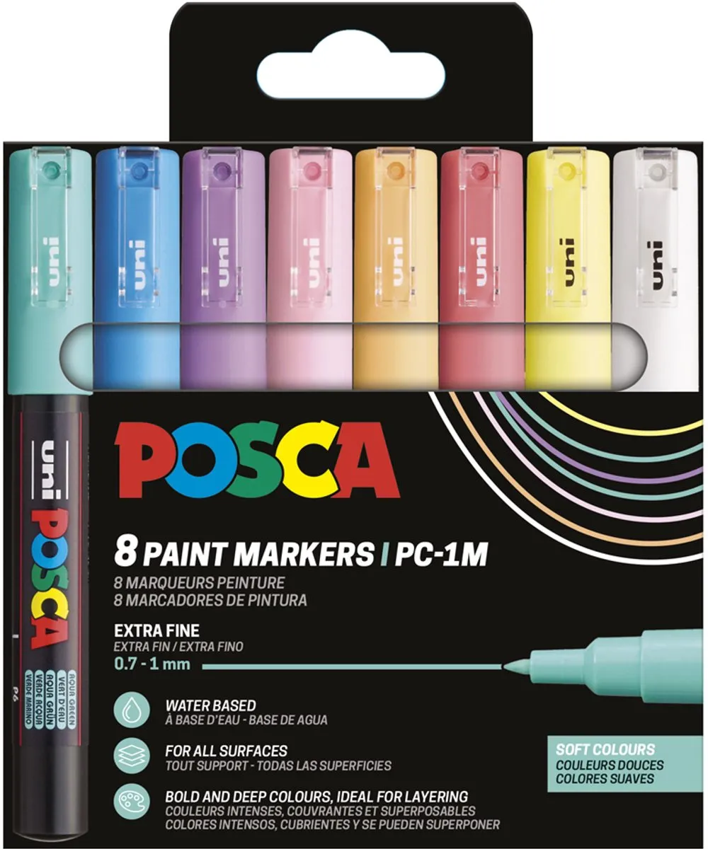 Posca 1MC Metallic Verfstiften - 4 Stuks Wit/Zwart/Goud/Zilver