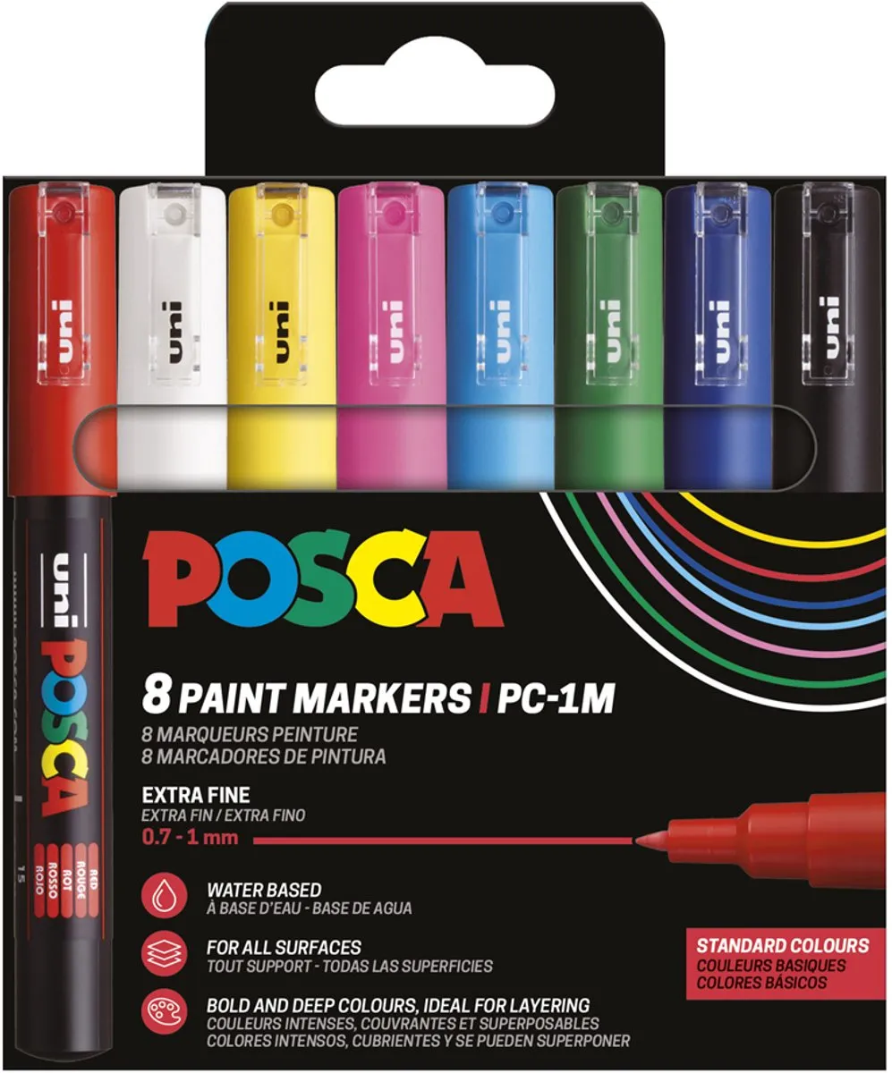 Posca 1MC Metallic Verfstiften - 4 Stuks Wit/Zwart/Goud/Zilver