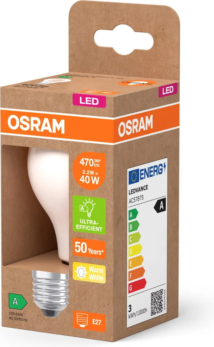 Osram LED Superstar Classic A40 E27 2,2W 470lm Warm Wit - afbeelding 6 van 6