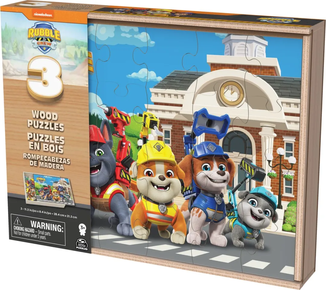 Houten puzzel cartoon Rubble & Crew 3x24 stukjes in houten box.
