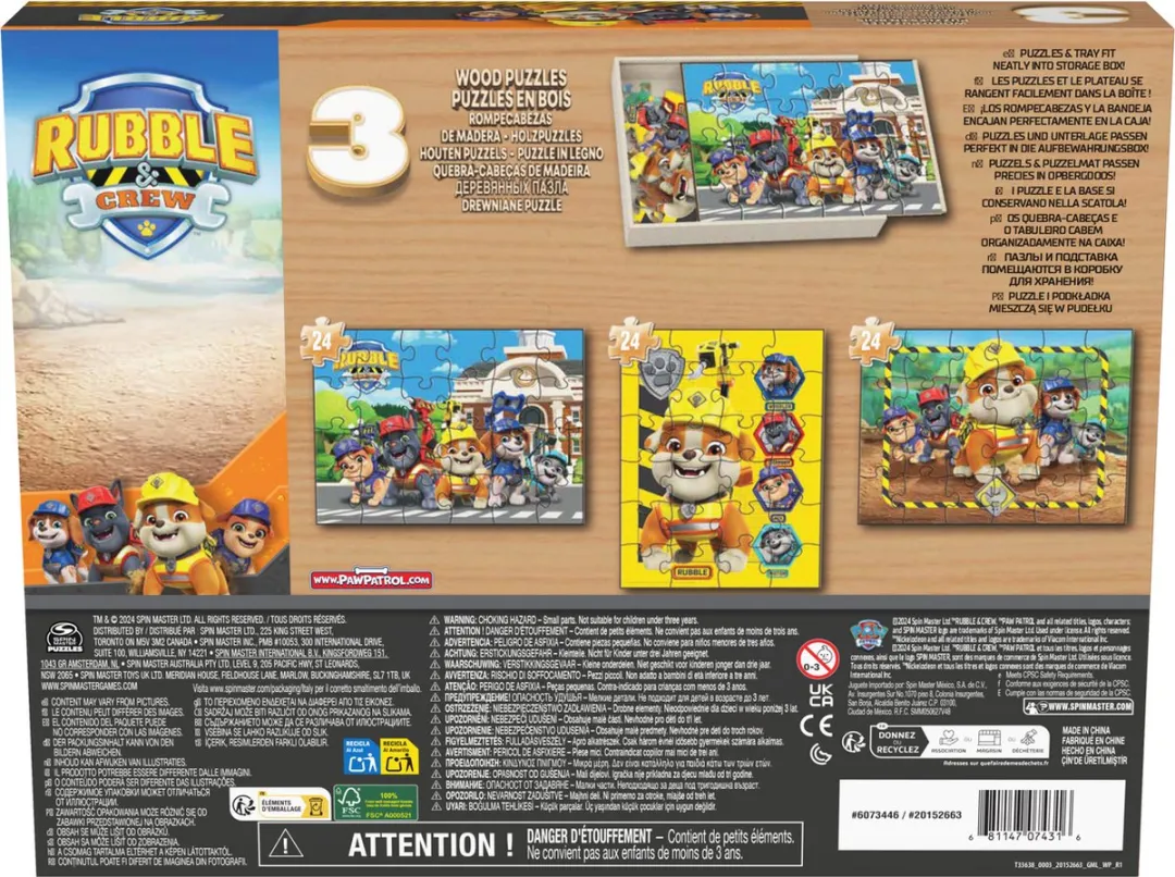 Houten puzzel cartoon Rubble & Crew 3x24 stukjes in houten box.