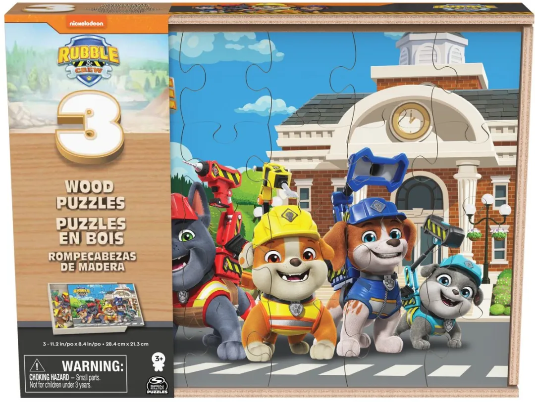 Houten puzzel cartoon Rubble & Crew 3x24 stukjes in houten box.