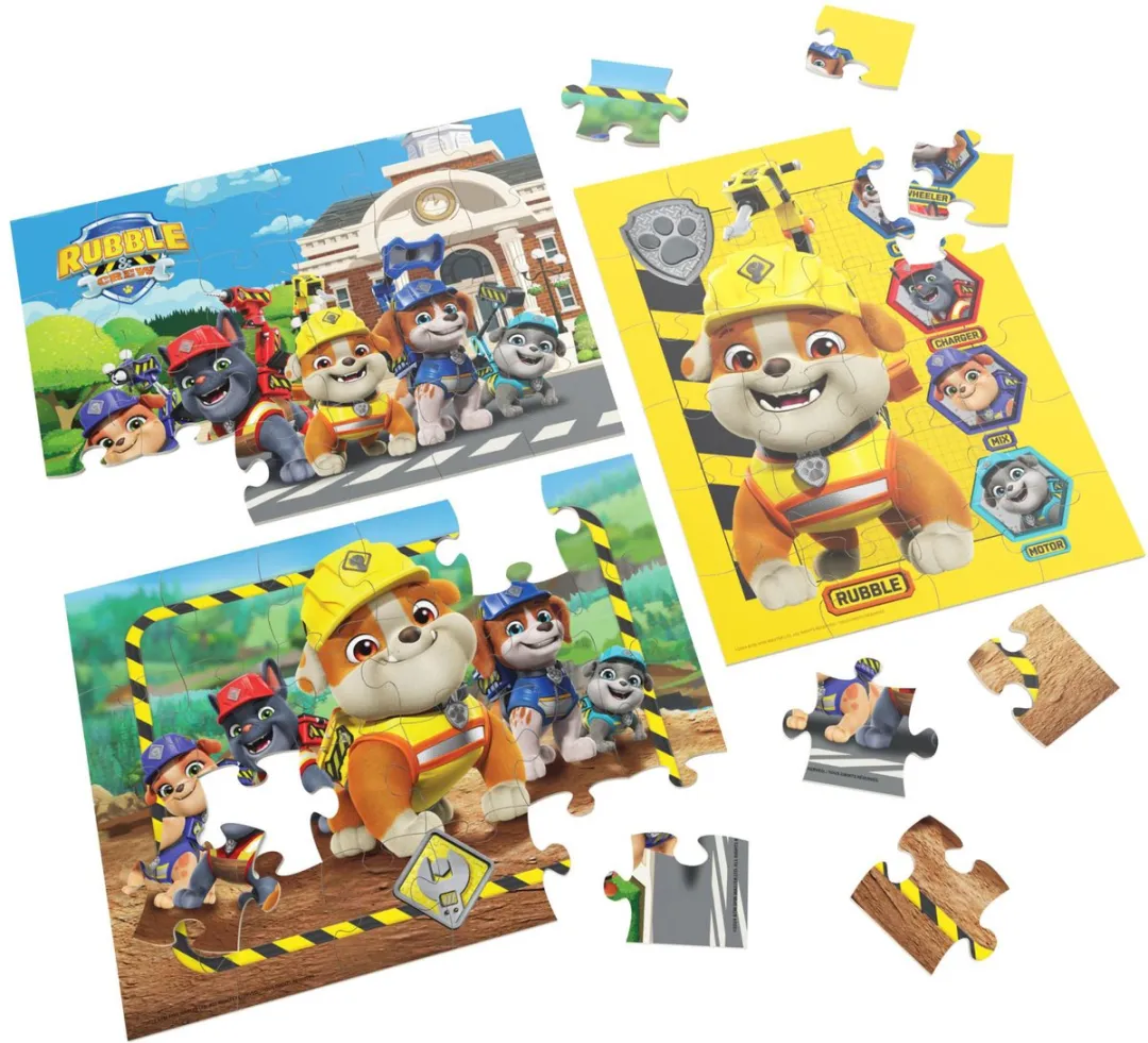 Houten puzzel cartoon Rubble & Crew 3x24 stukjes in houten box.