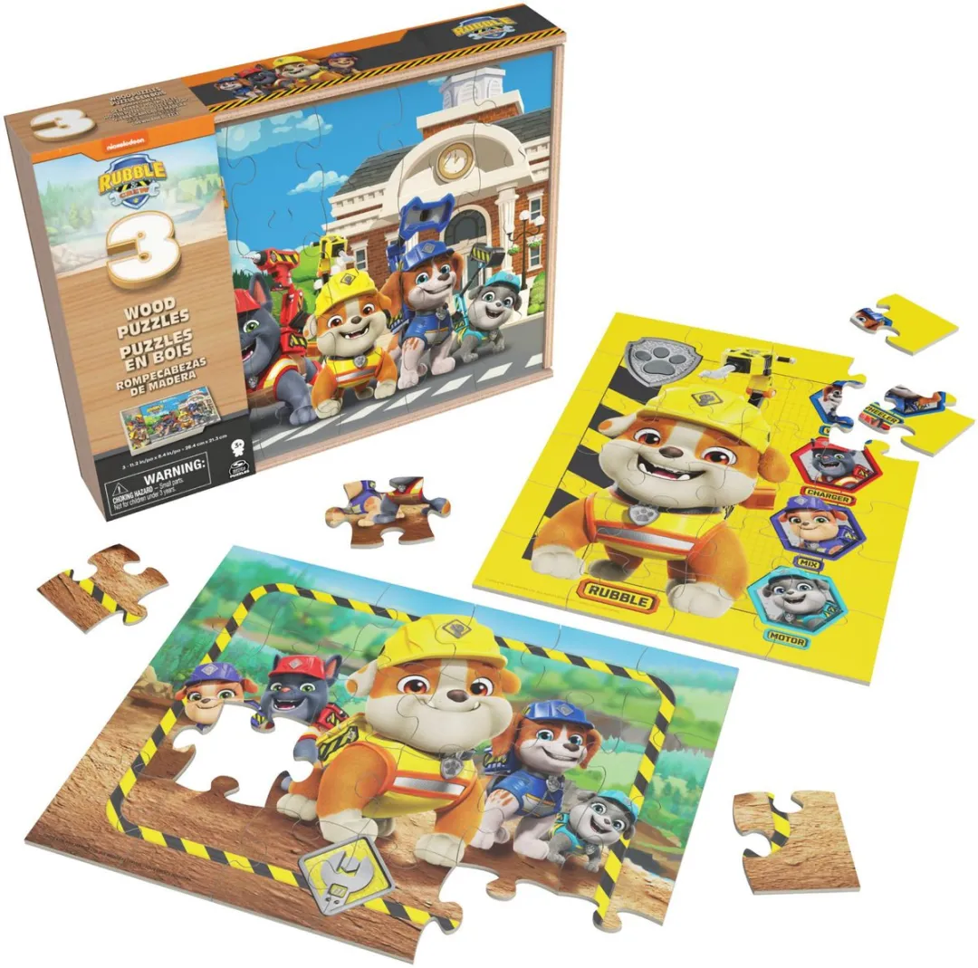 Houten puzzel cartoon Rubble & Crew 3x24 stukjes in houten box.