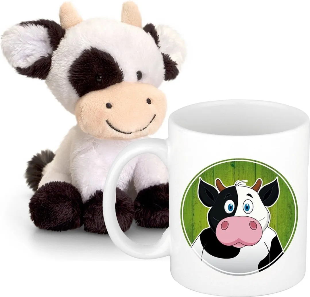 Koeien Cadeau Set - Knuffel 14cm & Drinkbeker 300ml Wit
