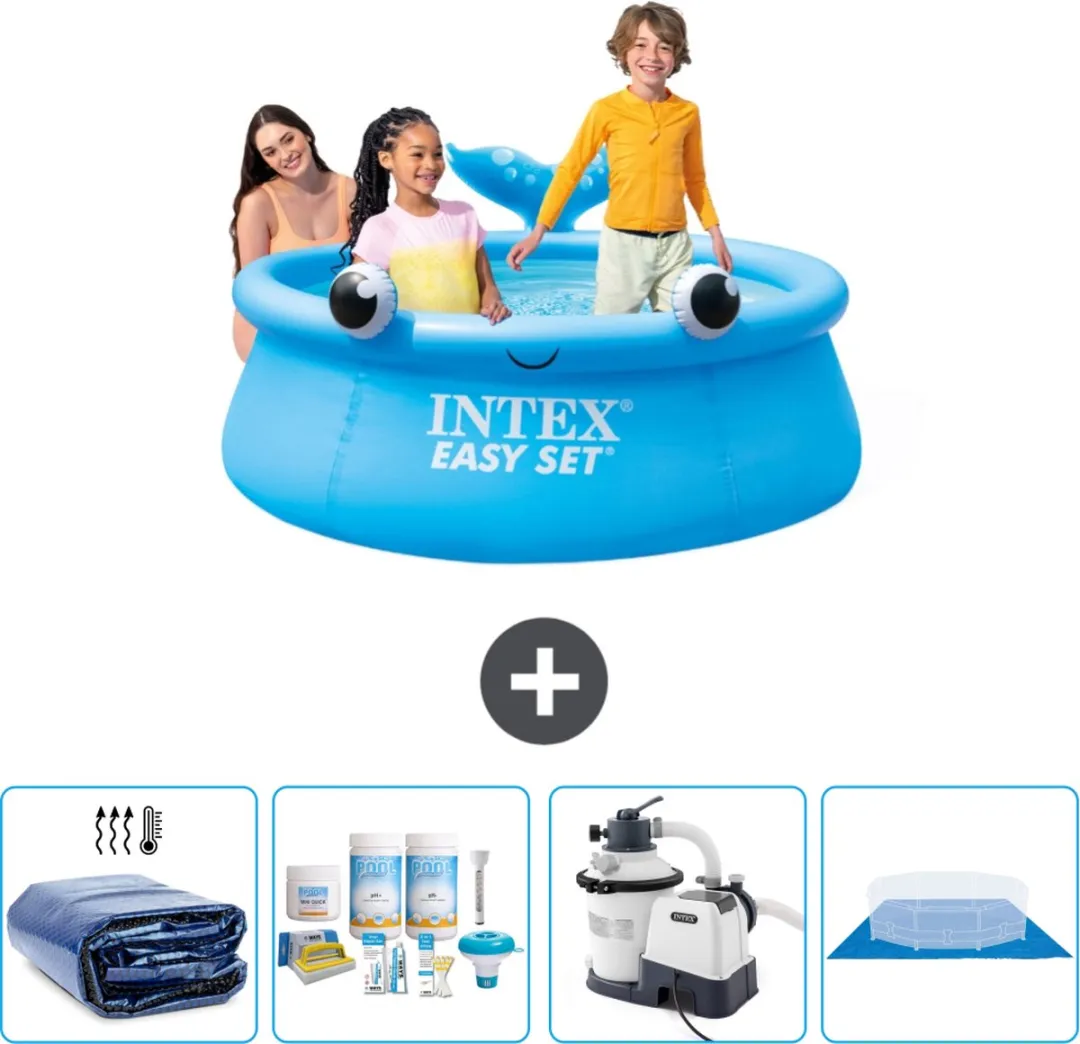 Intex Rond Opblaasbaar Easy Set Zwembad - 183 x 51 cm - Blauw - Walvis - Inclusief Solarzeil - Onderhoudspakket - Zwembadfilterpomp - Grondzeil