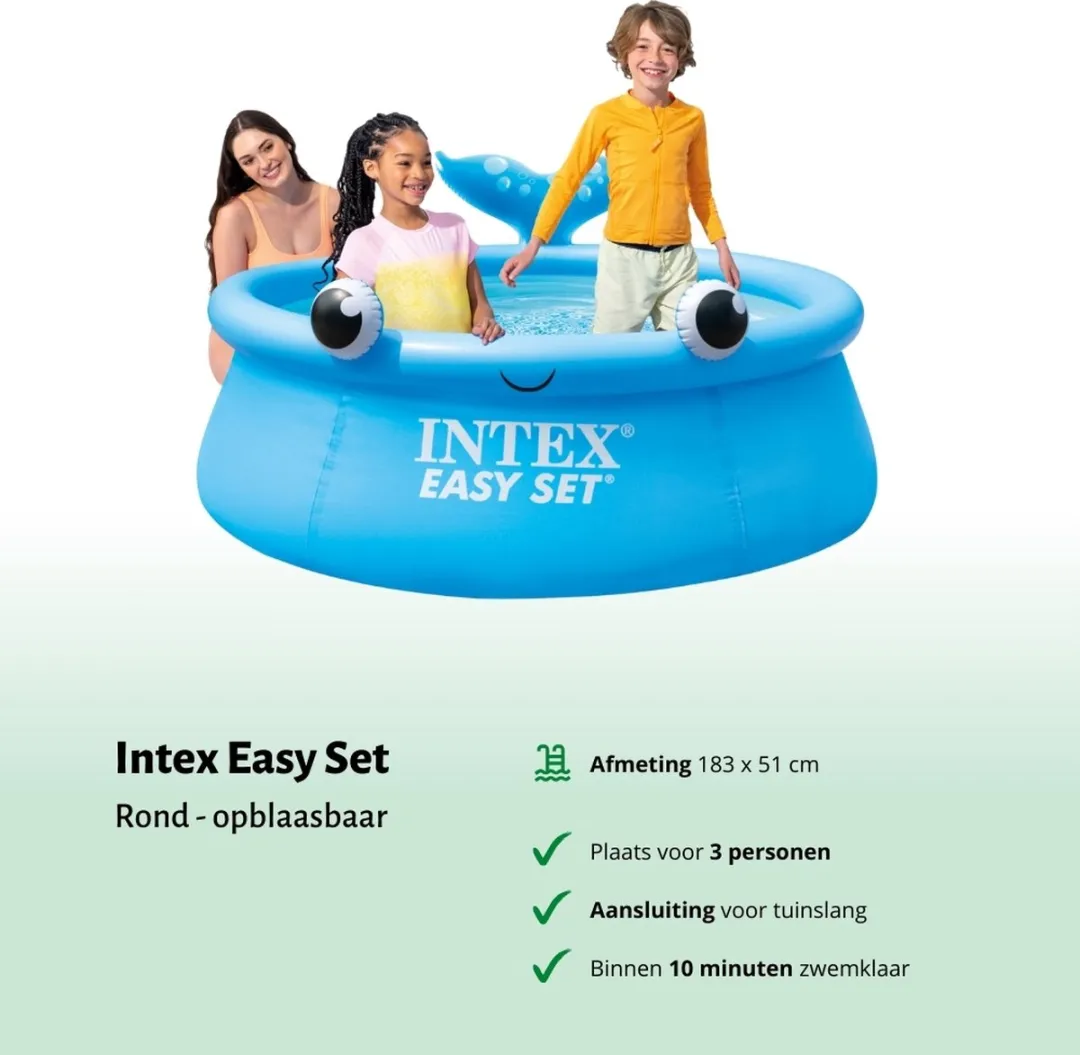 Intex Rond Opblaasbaar Easy Set Zwembad - 183 x 51 cm - Blauw - Walvis - Inclusief Solarzeil - Onderhoudspakket - Zwembadfilterpomp - Grondzeil