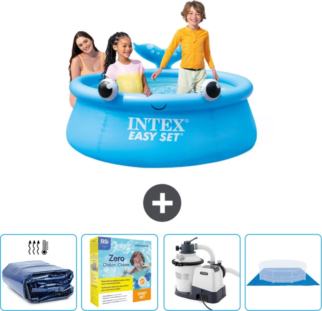 Intex Rond Opblaasbaar Easy Set Zwembad - 183 x 51 cm - Blauw - Walvis - Inclusief Solarzeil - Onderhoudspakket - Zwembadfilterpomp - Grondzeil