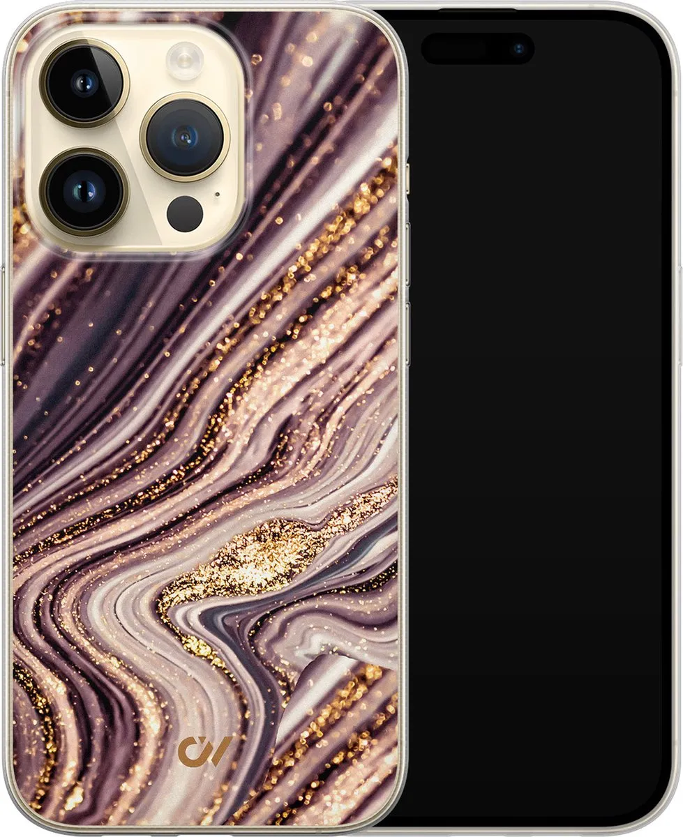 Casevibes iPhone 14 Pro Hoesje - Paars Golden Pink Marble