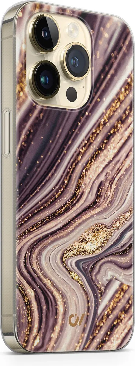 Casevibes iPhone 14 Pro Hoesje - Paars Golden Pink Marble