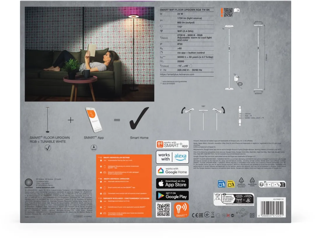 Osram Smart+ Wifi Floor UpDown RGB Wand- en Vloerlamp - 13,5W 2165lm - Zwart - afbeelding 6 van 6