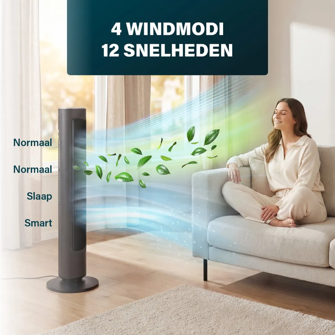 Princess DC Torenventilator 101cm – Extra Stil - 12 Snelheden – Oscillatie – Timer 1-8uur – Met Afstandsbediening - Staande Ventilator – 50W– Zwart - 352390