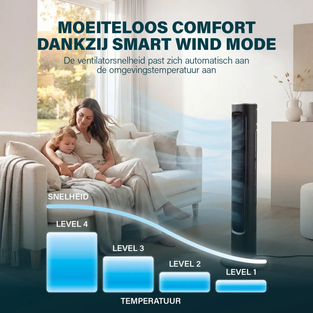 Princess DC Torenventilator 101cm – Extra Stil - 12 Snelheden – Oscillatie – Timer 1-8uur – Met Afstandsbediening - Staande Ventilator – 50W– Zwart - 352390