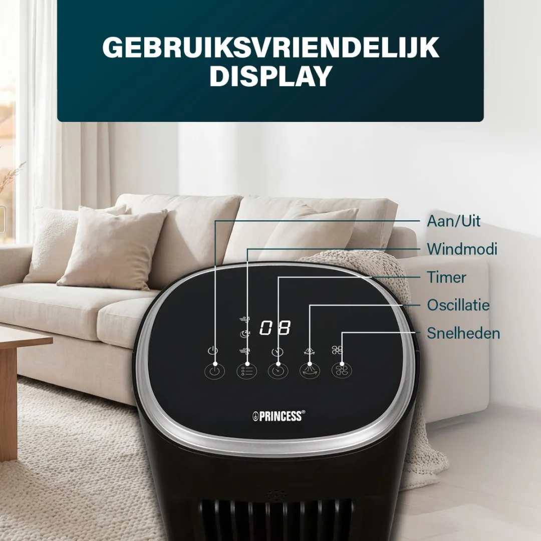 Princess DC Torenventilator 101cm – Extra Stil - 12 Snelheden – Oscillatie – Timer 1-8uur – Met Afstandsbediening - Staande Ventilator – 50W– Zwart - 352390