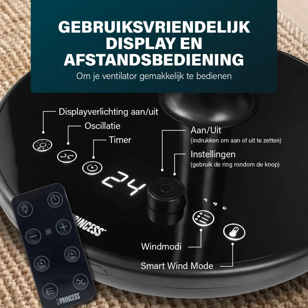 Princess DC Staande Ventilator - Extra Stil - ⌀40cm - 24 snelheden – 4 windmodi – 1‑24 uur timer – 90° Oscillatie – Met Afstandsbediening - 354860