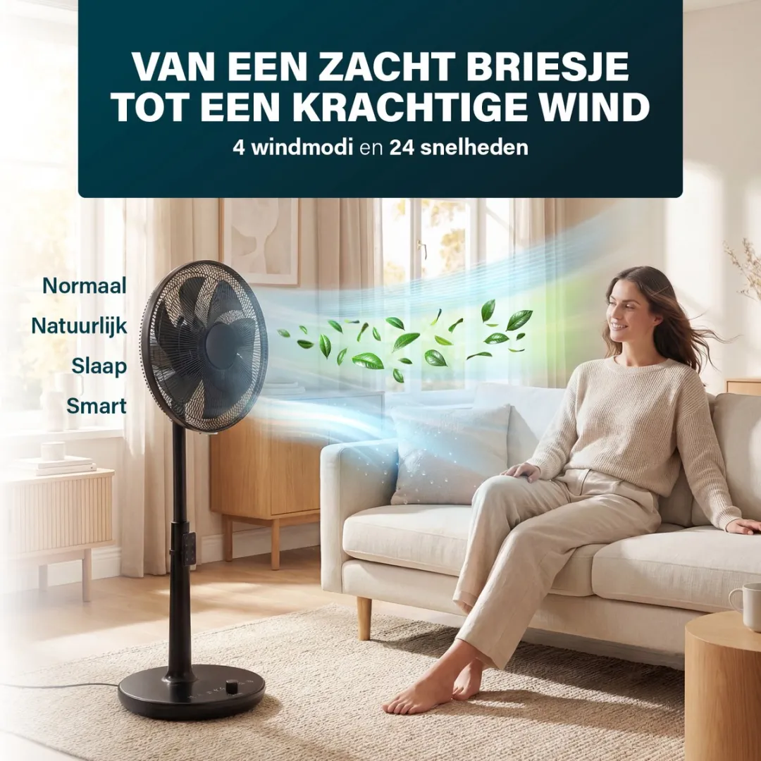 Princess DC Staande Ventilator - Extra Stil - ⌀40cm - 24 snelheden – 4 windmodi – 1‑24 uur timer – 90° Oscillatie – Met Afstandsbediening - 354860