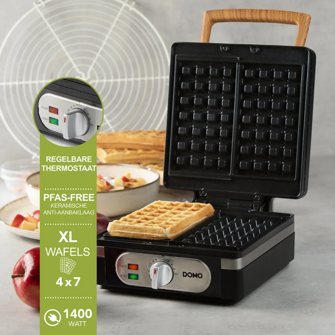 DOMO DO9275W Wafelijzer - XL wafels 4x7 - Belgische Wafels - PFAS-vrij - 1400W - Zwart