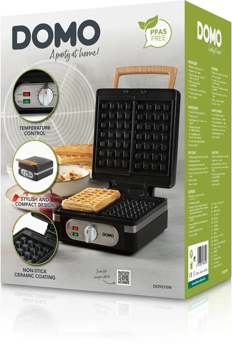 DOMO DO9275W Wafelijzer - XL wafels 4x7 - Belgische Wafels - PFAS-vrij - 1400W - Zwart