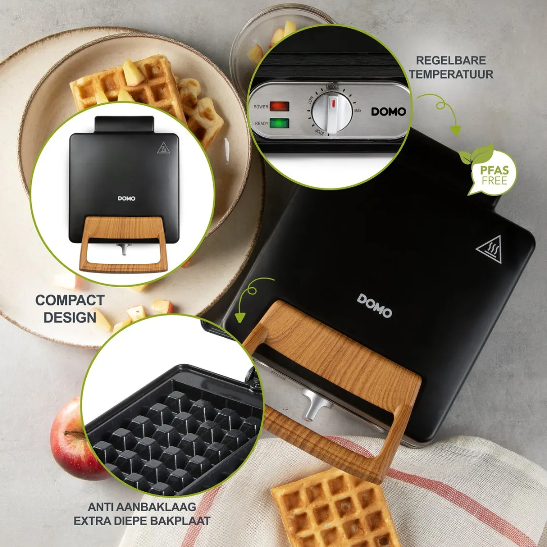 DOMO DO9275W Wafelijzer - XL wafels 4x7 - Belgische Wafels - PFAS-vrij - 1400W - Zwart