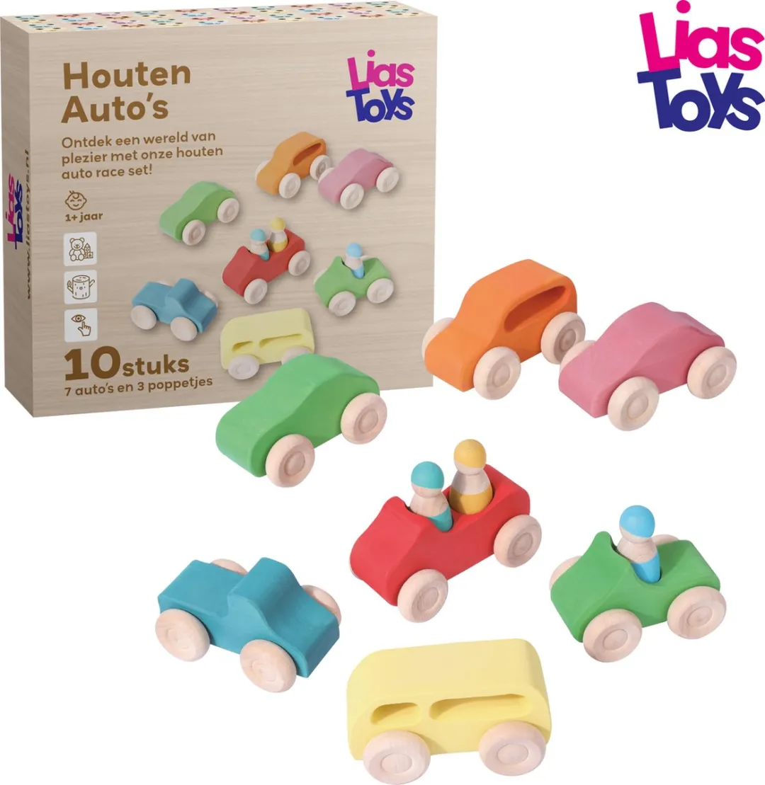LiasToys Auto Set 7-delig Montessori - 7 Houten Auto's + 3 Pegdolls